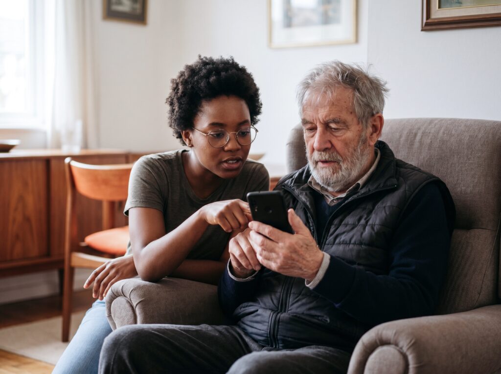 image d'une personne qui programme la Téléassistance sur le mobile d'une personne agée