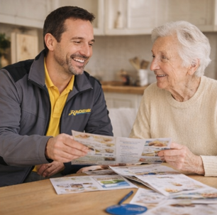 Echange entre une personne âgée et un agent de radeau, le portage de repas