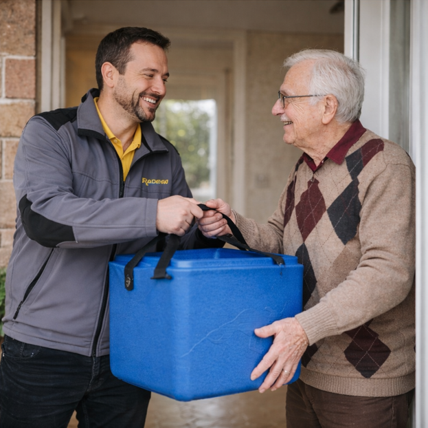 image représentative du livreur RADEAU en train de porter les repas à une personne âgée